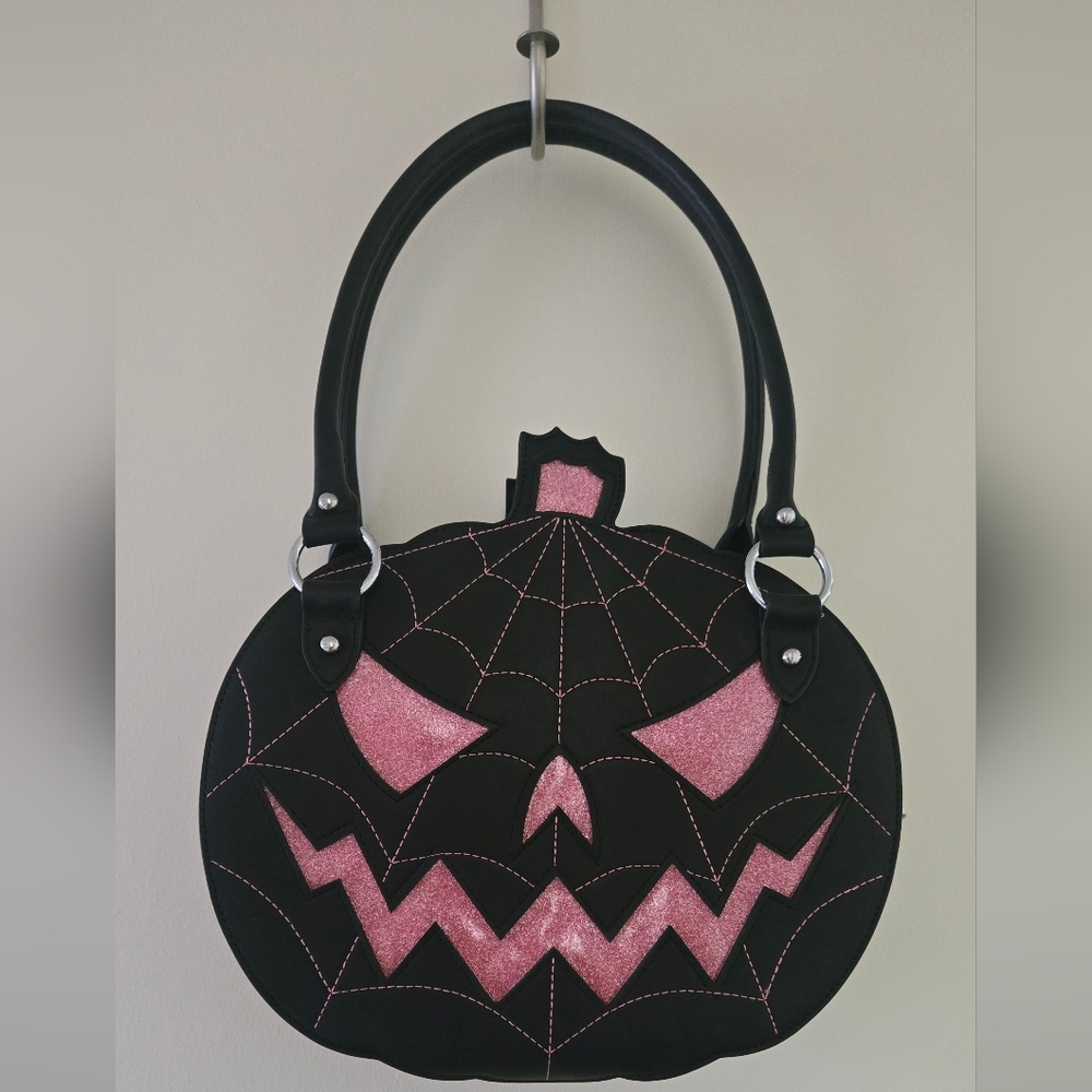Sourpuss Black And Coral Pink Pumpkin Handbag